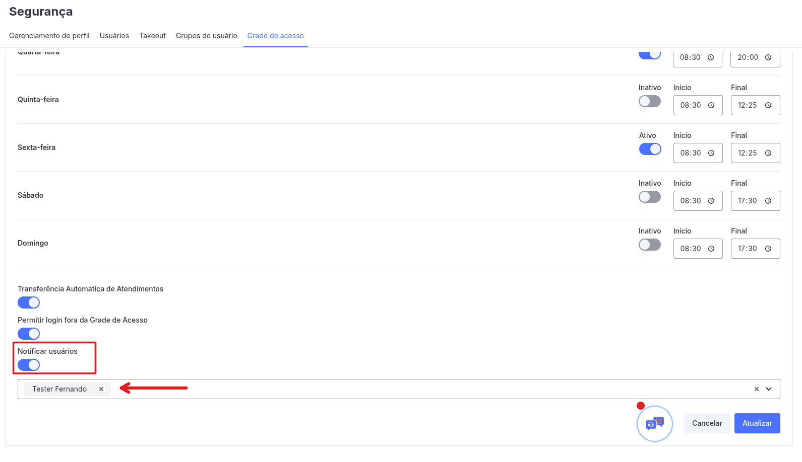:class=sombracaixa Configurando Grade de Acesso para Recebimento de Notificações de fila sem Usuários Logados
