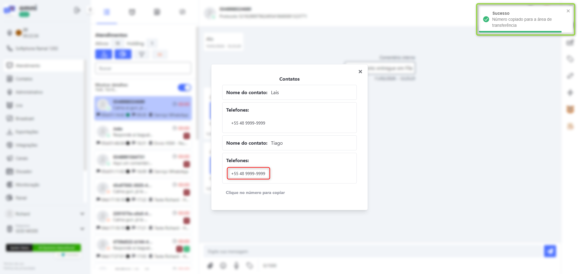 Copiando o telefone do contato recebido
