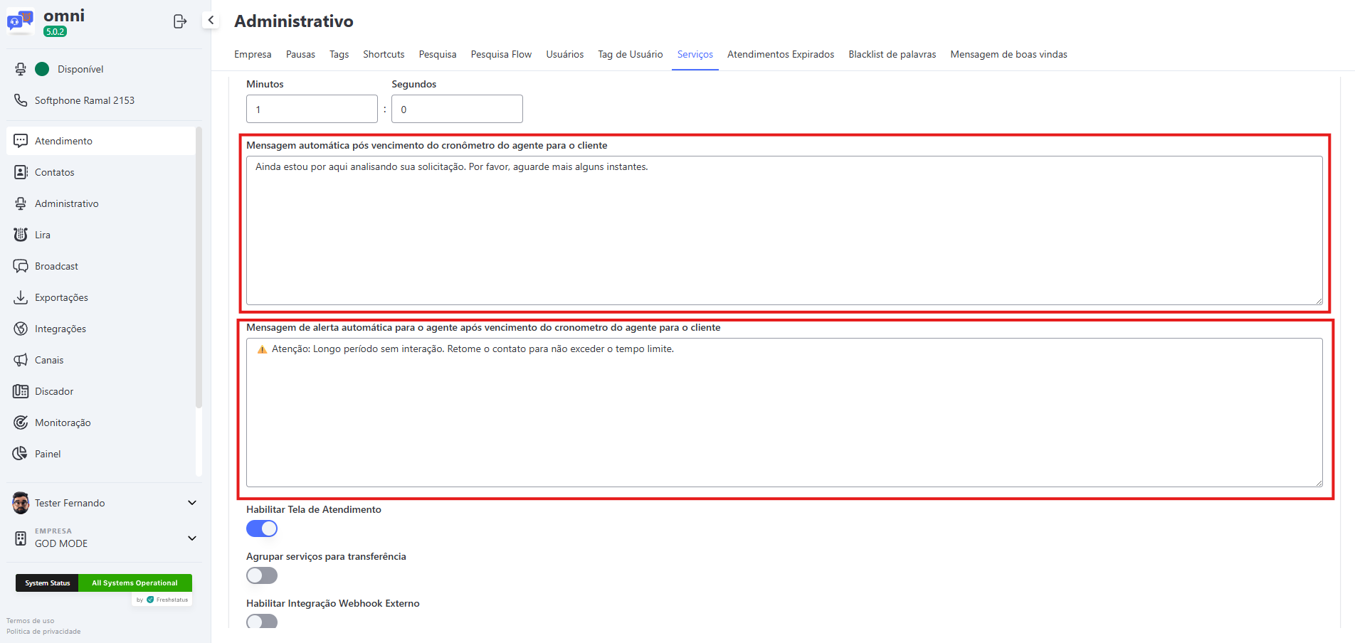 Configuração da mensagem automática pós vencimento do cronômetro