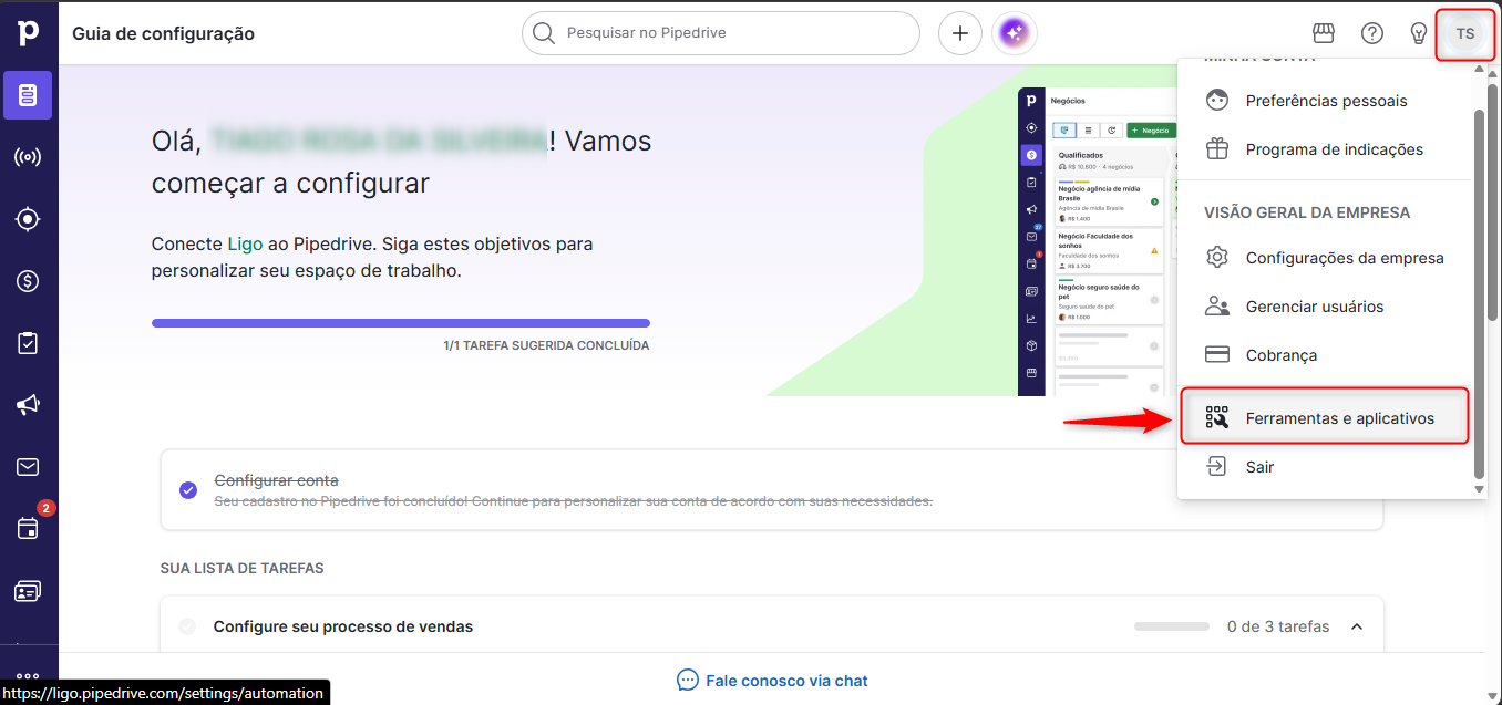 Tela inicial Pipedrive