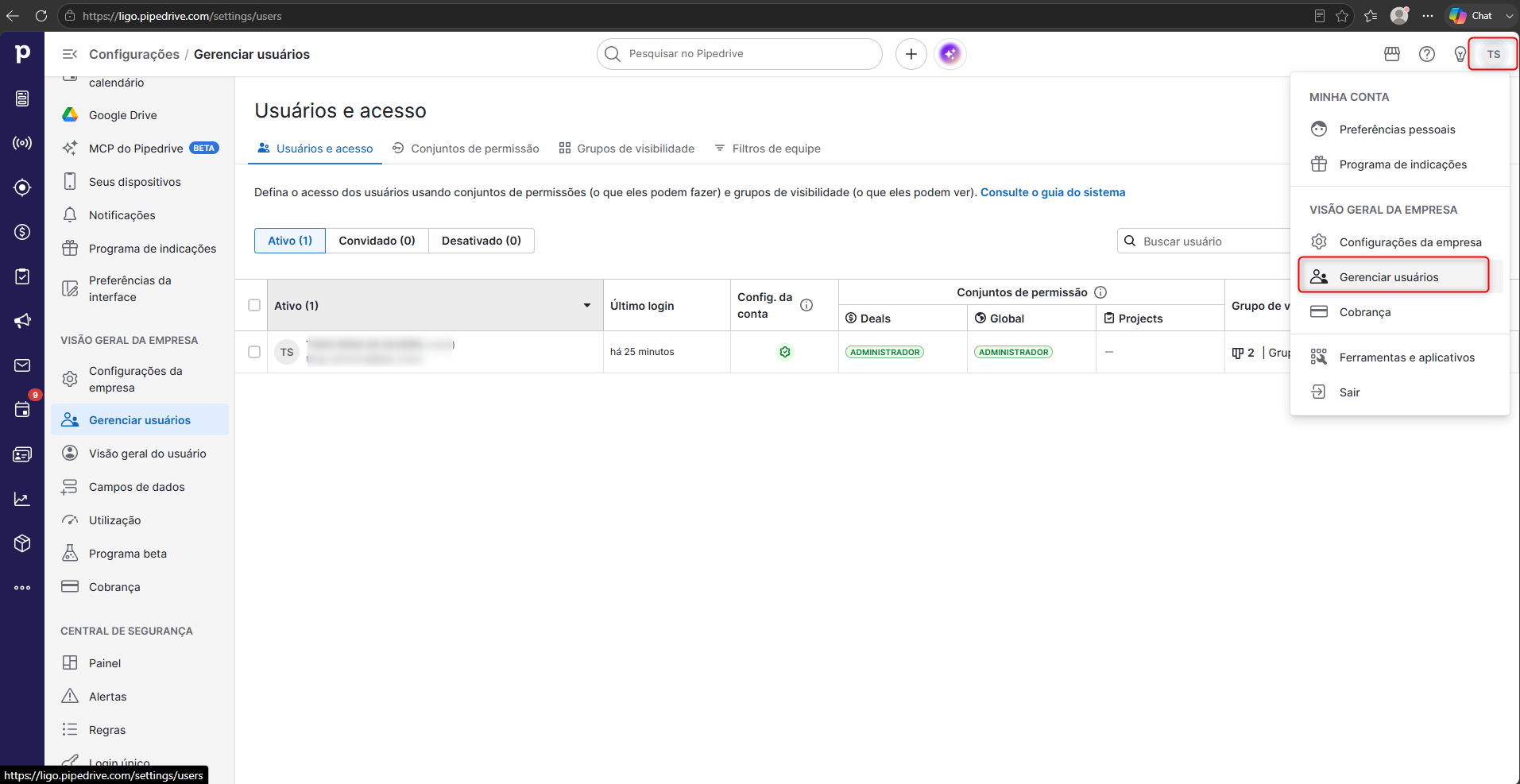 Tela inicial Pipedrive