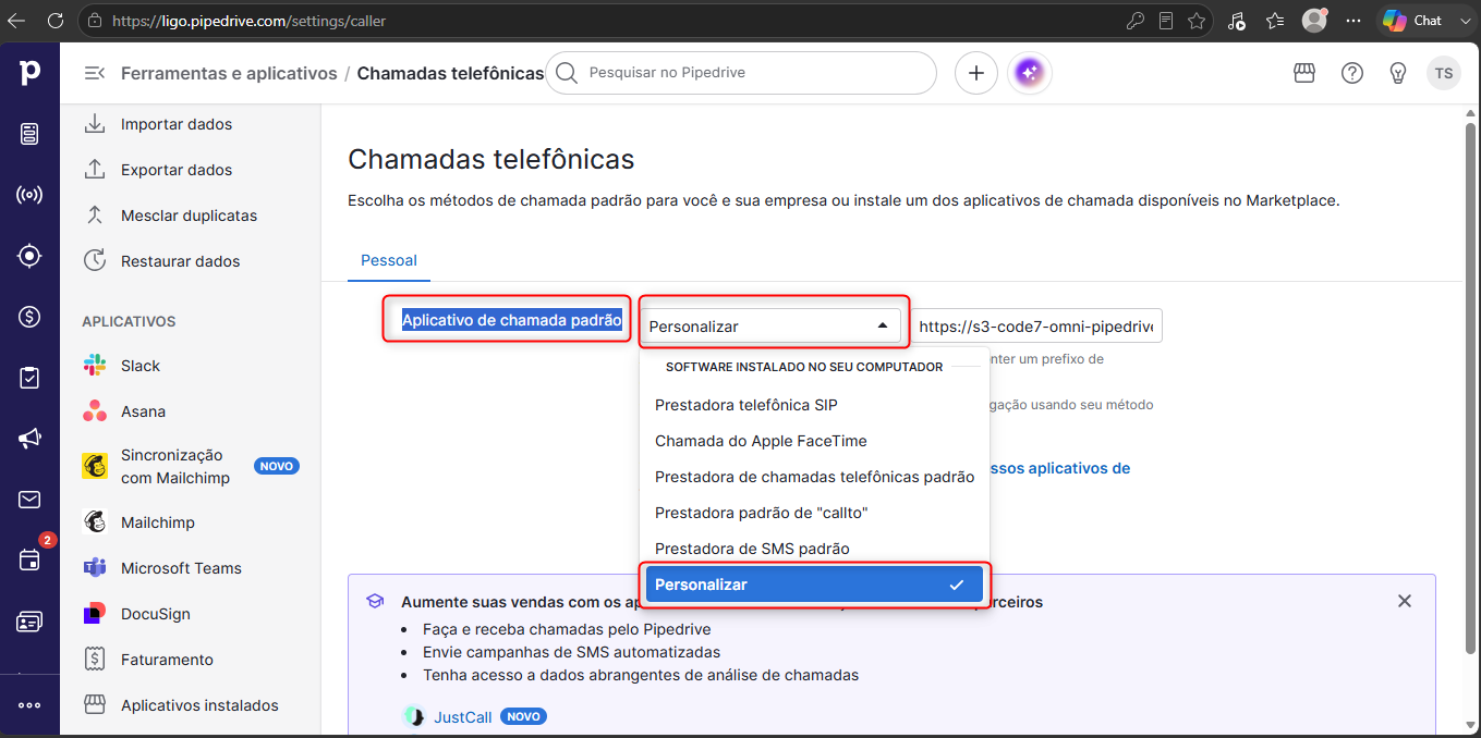 Opção Personalizar