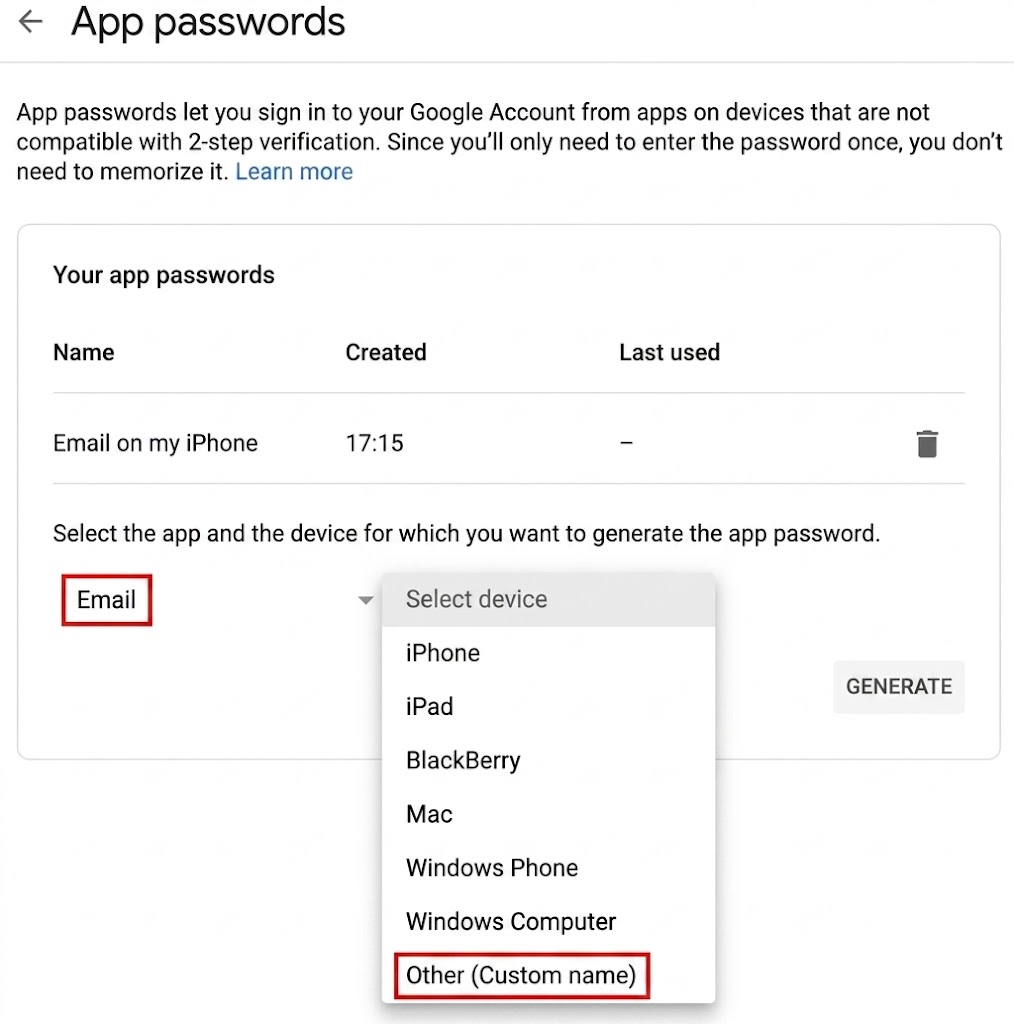 :class=sombracaixa Configuração Senhas de App